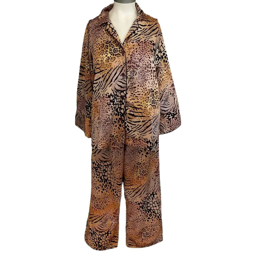 NATORI 2 pc leopard animal print silky lounge pajama pjs set crop pants top Sz S - Picture 1 of 10